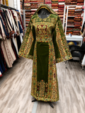 Qasab Green Malacca Silk German Velvet Thoub with Embroidery with Matching Headpiece