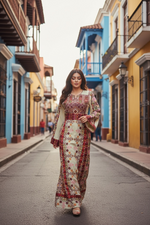 Load image into Gallery viewer, Beige &amp; Maroon Thobe with Geometric Floral Embroidery
