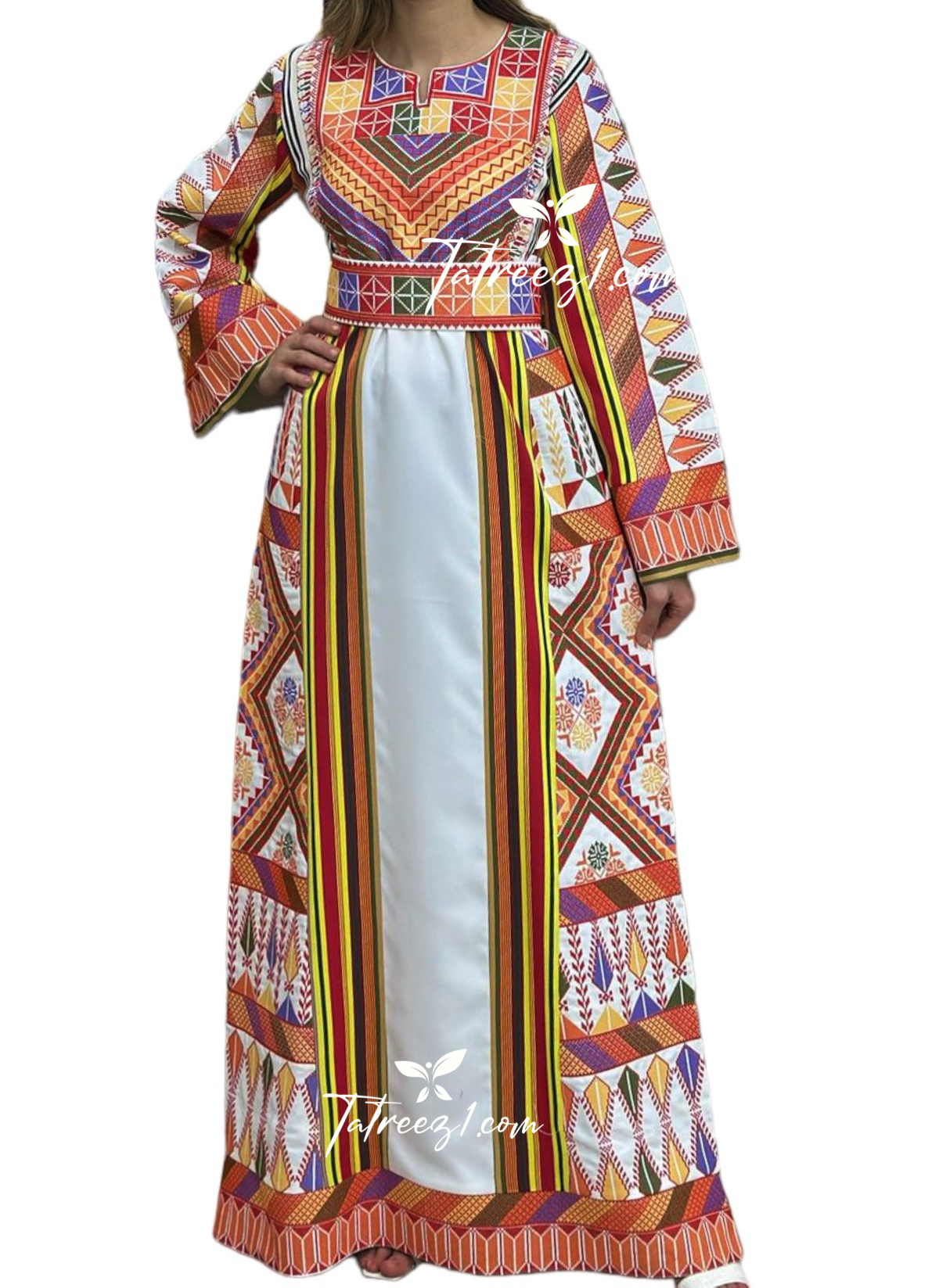 Majdalawy White Shade lTraditional multicolored Embroidered Palestinian Fellahi Thobe