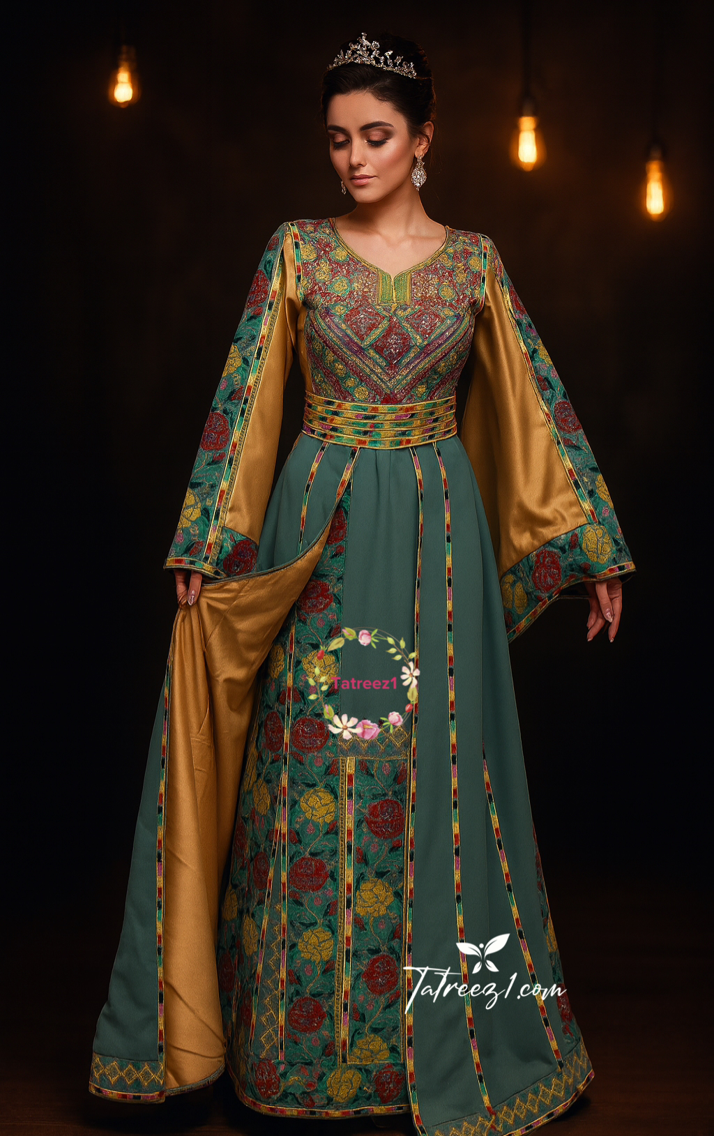 Royal Elegance Green Thoub with Overskirt Thoub with Floral Embroidery