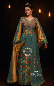 Royal Elegance Green Thoub with Overskirt Thoub with Floral Embroidery