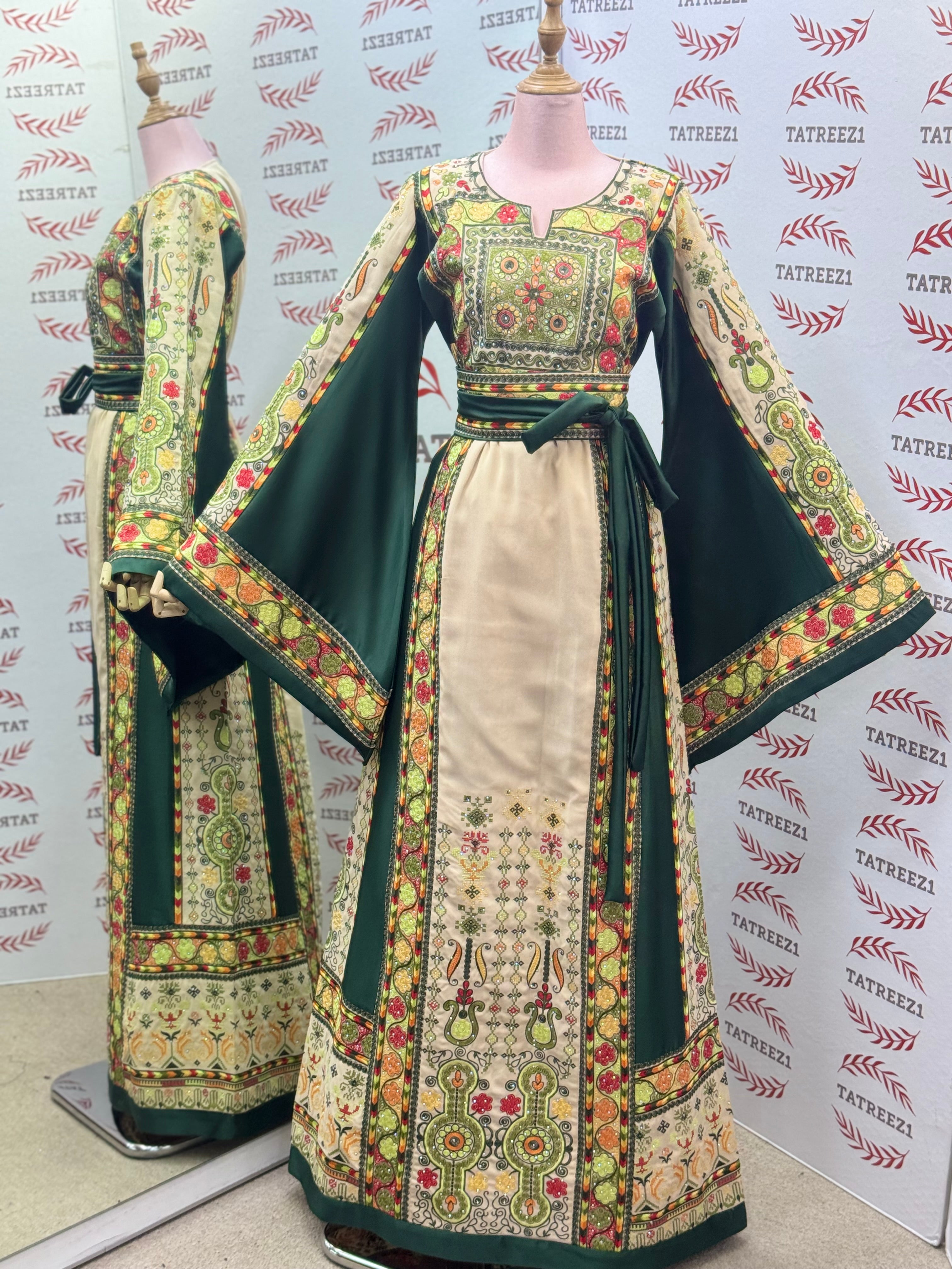 The Green & Cream Palestinian Tatreez Thobe Heritage Elegance Embroidered Dress