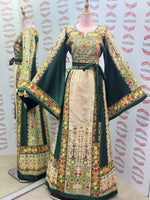 Load image into Gallery viewer, The Green &amp; Cream Palestinian Tatreez Thobe Heritage Elegance Embroidered Dress
