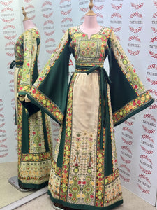 The Green & Cream Palestinian Tatreez Thobe Heritage Elegance Embroidered Dress