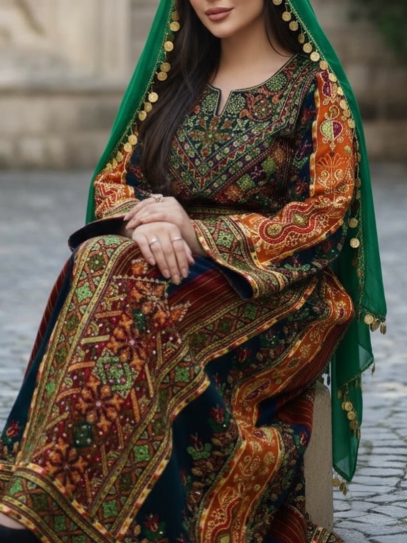 Green Jennah wnar Thoub Embroidery Thoub come with Embroidery Belt