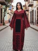 Load image into Gallery viewer, Red &amp; Black Color thoub Embroidered Palestinian Fellahi Thobe With Belt
