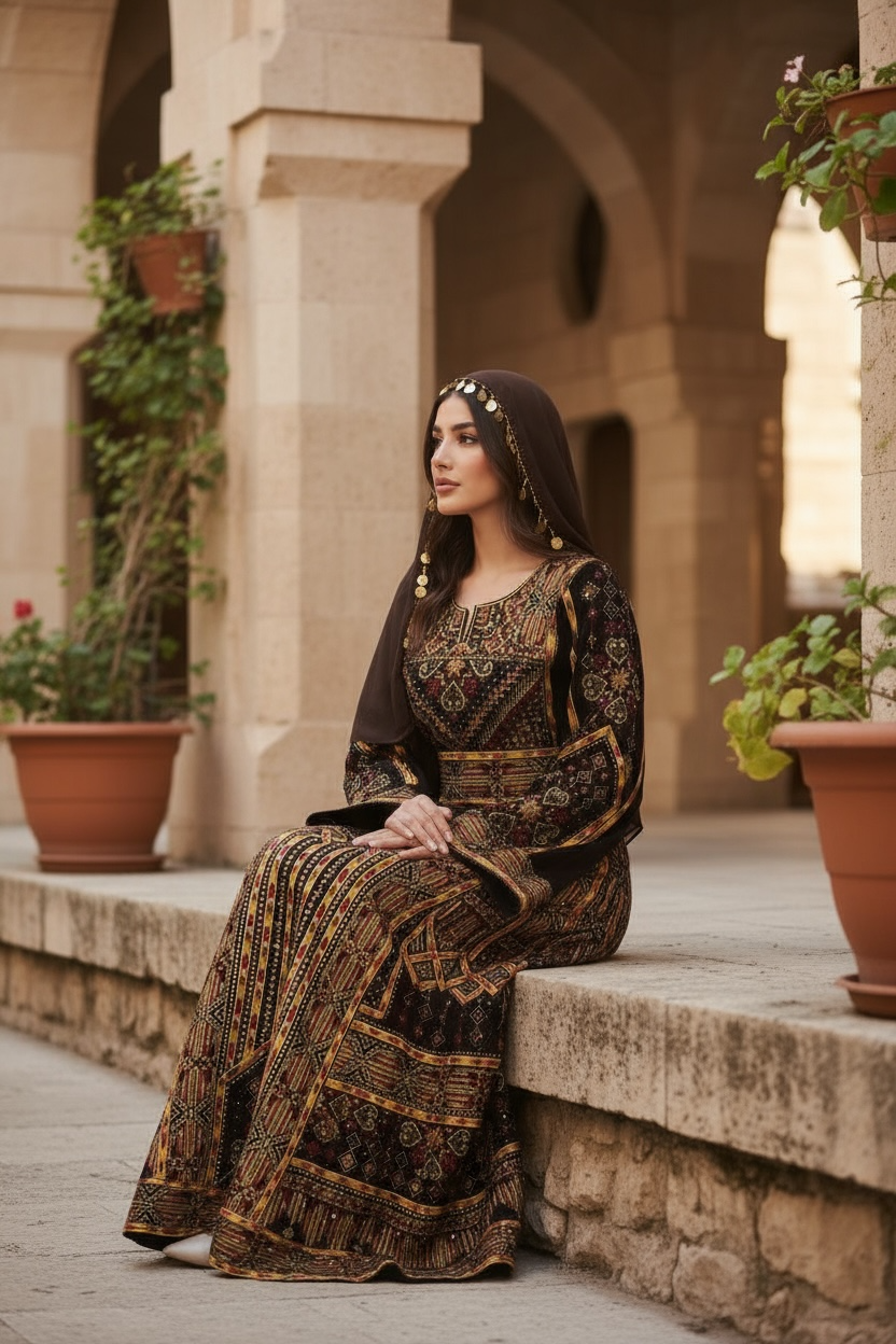 Golden Embroidery Silk Dark Brown Velvet Stone Thobe