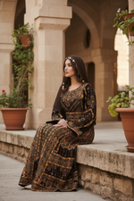 Load image into Gallery viewer, Golden Embroidery Silk Dark Brown Velvet Stone Thobe
