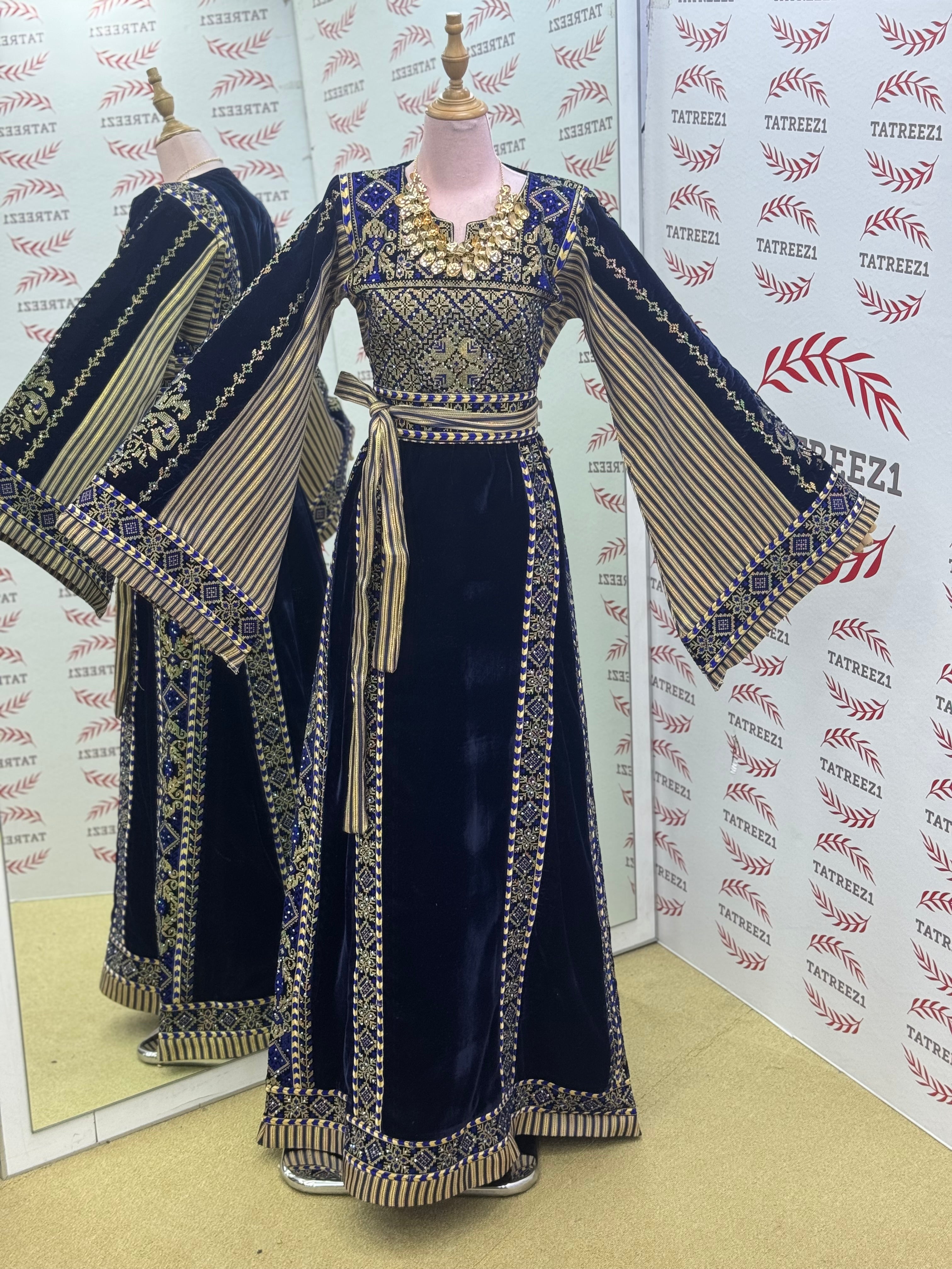 Velvet Simply Elegant Wide Sleeve Thoub Blue Embroidered Palestinian Thobe