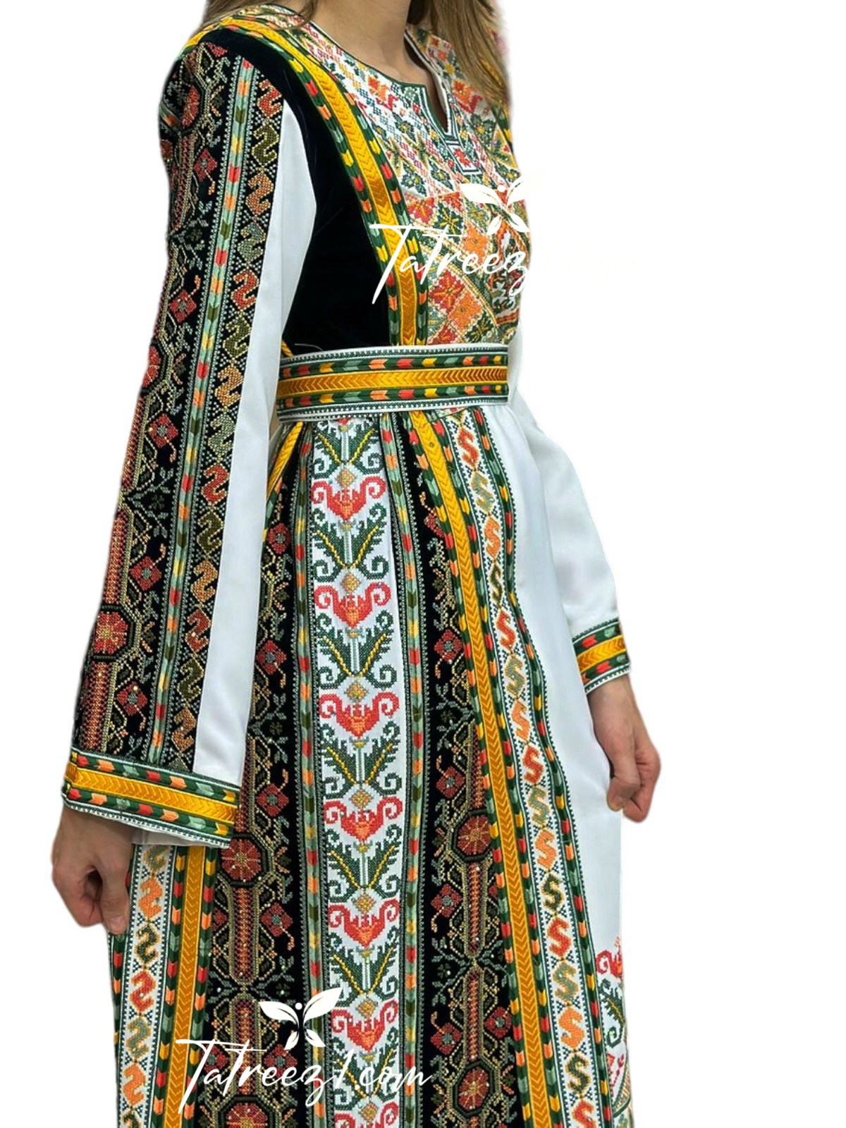 White Shade Stone Green MultiColored Embroidery Dress