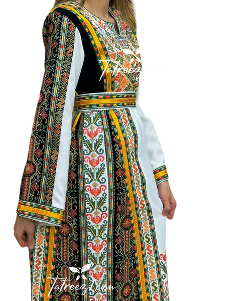 White Shade Stone Green MultiColored Embroidery Dress Tatreez1 White Shade Stone Green MultiColored Embroidery Dress Tatreez1