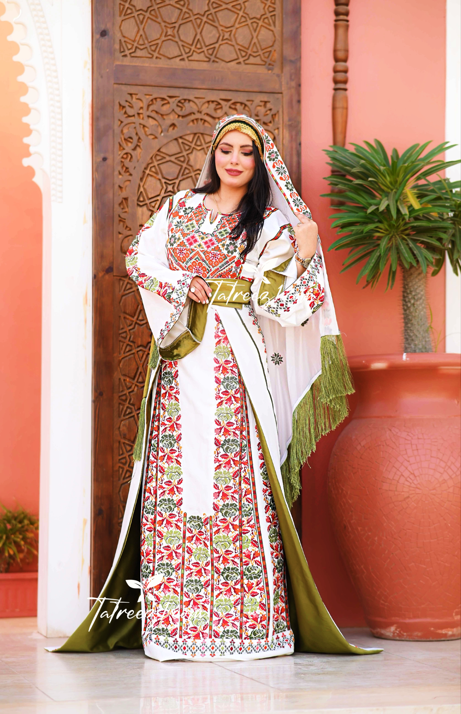 White Stunning Thoub with Floral Green Embroidery and Overskirt.