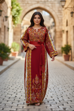 Load image into Gallery viewer, Traditional Palestinian Red Thobe with Intricate Embroidery – Machine Made with Matching Head Scarf
