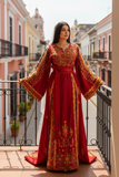 Red Malacca Silk Velvet Thobe with Stone Embroidery, Overskirt, and Headpiece