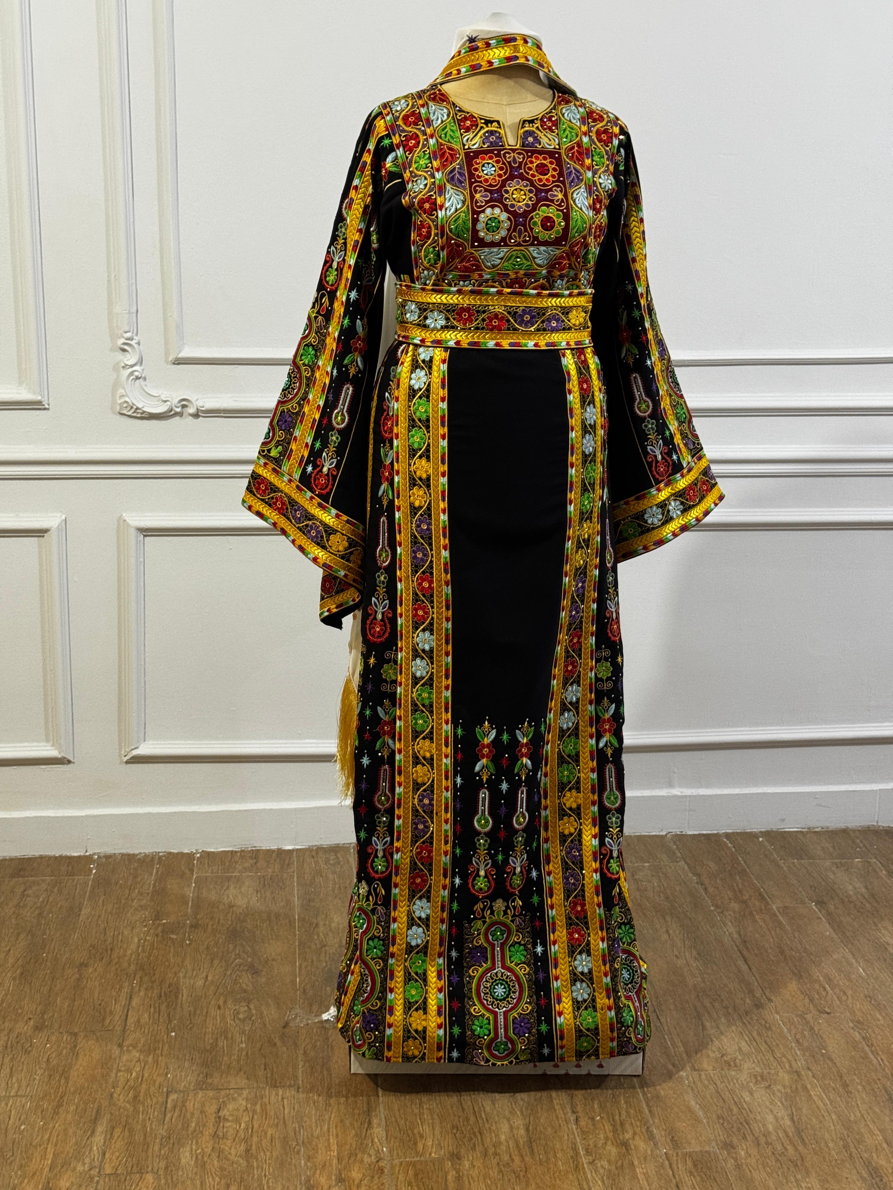 Traditional Palestinian Thobe – Royal Black Full Set with Headscarf