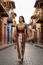 Load image into Gallery viewer, Beige Majdalway Embroidered Palestinian Fellahi Thobe With Matching Headpiece
