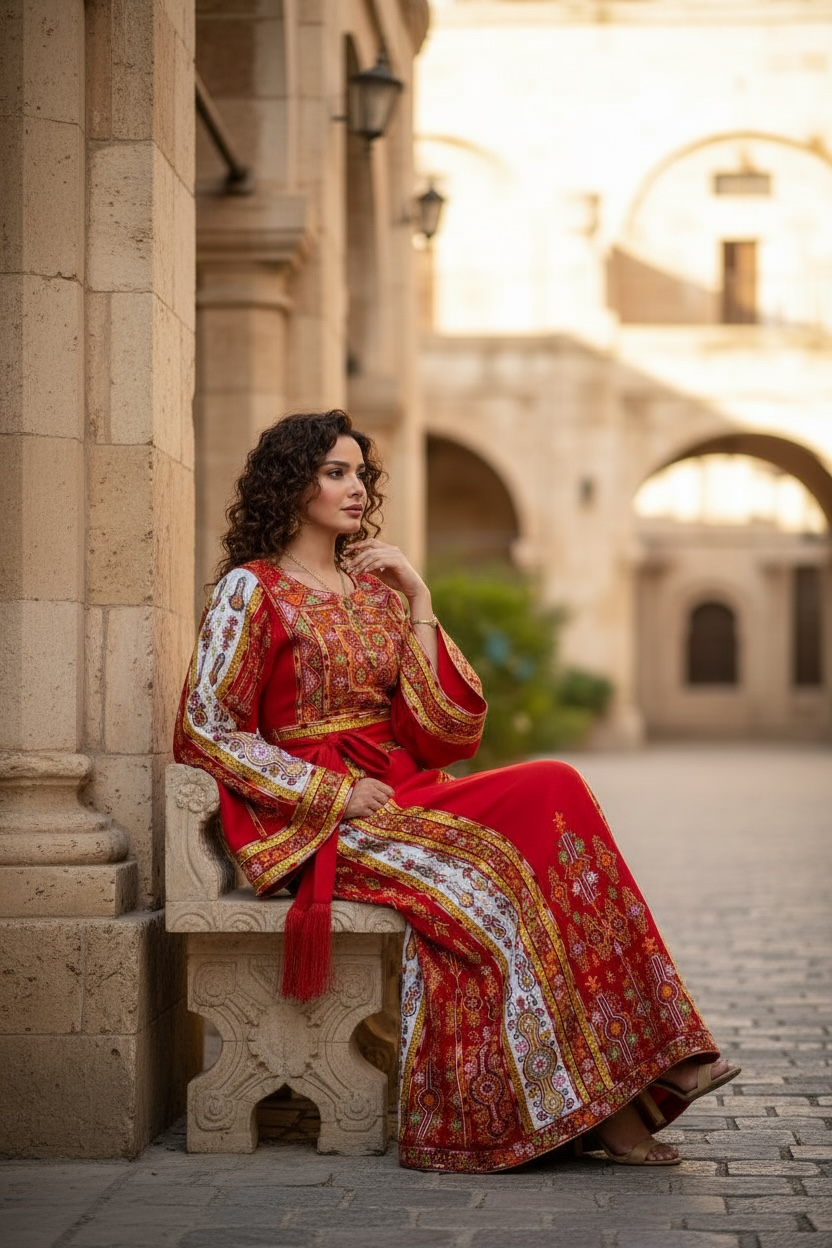 Traditional Palestinian Red Thobe with Intricate Embroidery – Machine Made with Matching Head Scarf
