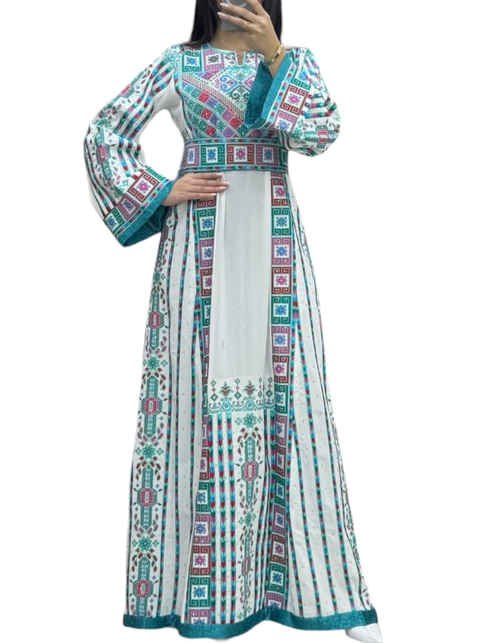 Turquoise Malacca with Kashmir Stone Embroidery Thobe with Matching Belt