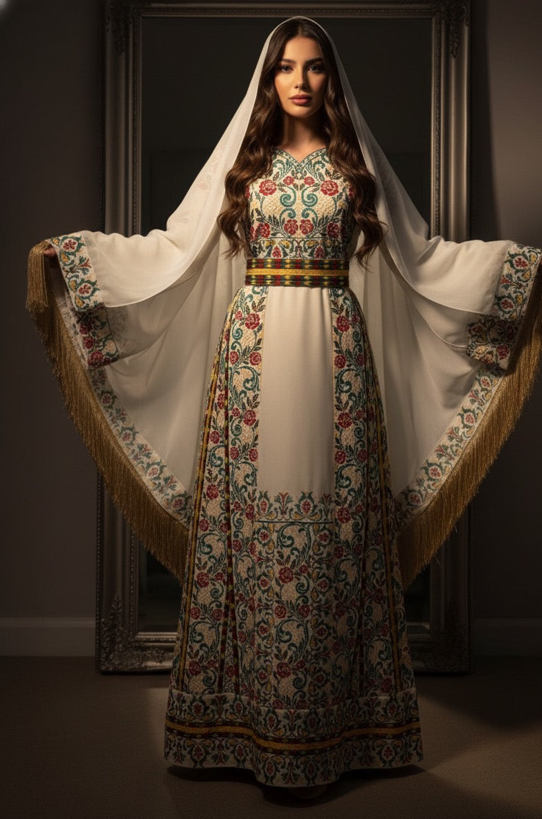 The Saffron Bloom Thobe Paired with the Matching Heritage Shawl