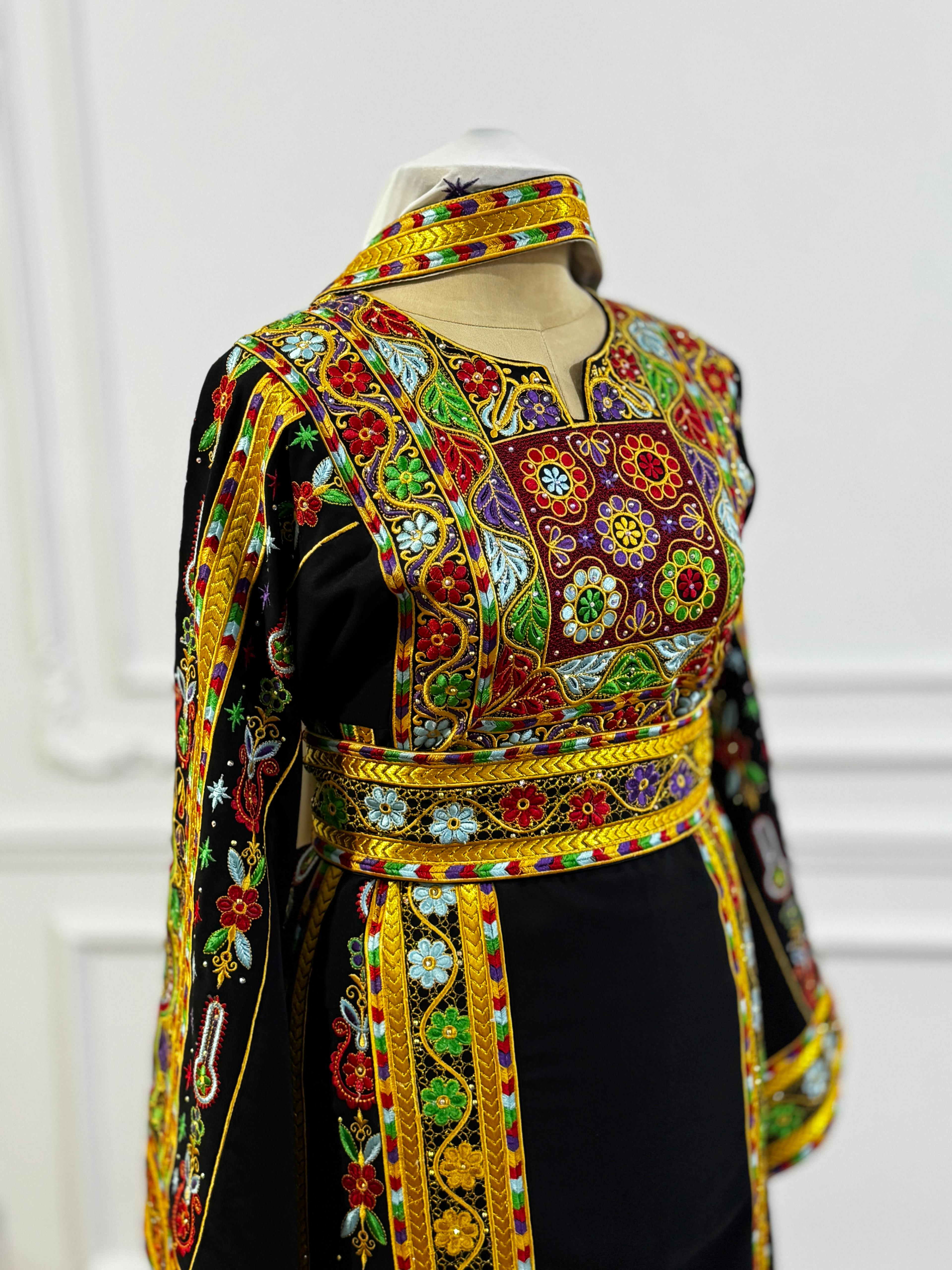Traditional Palestinian Thobe – Royal Black Full Set with Headscarf