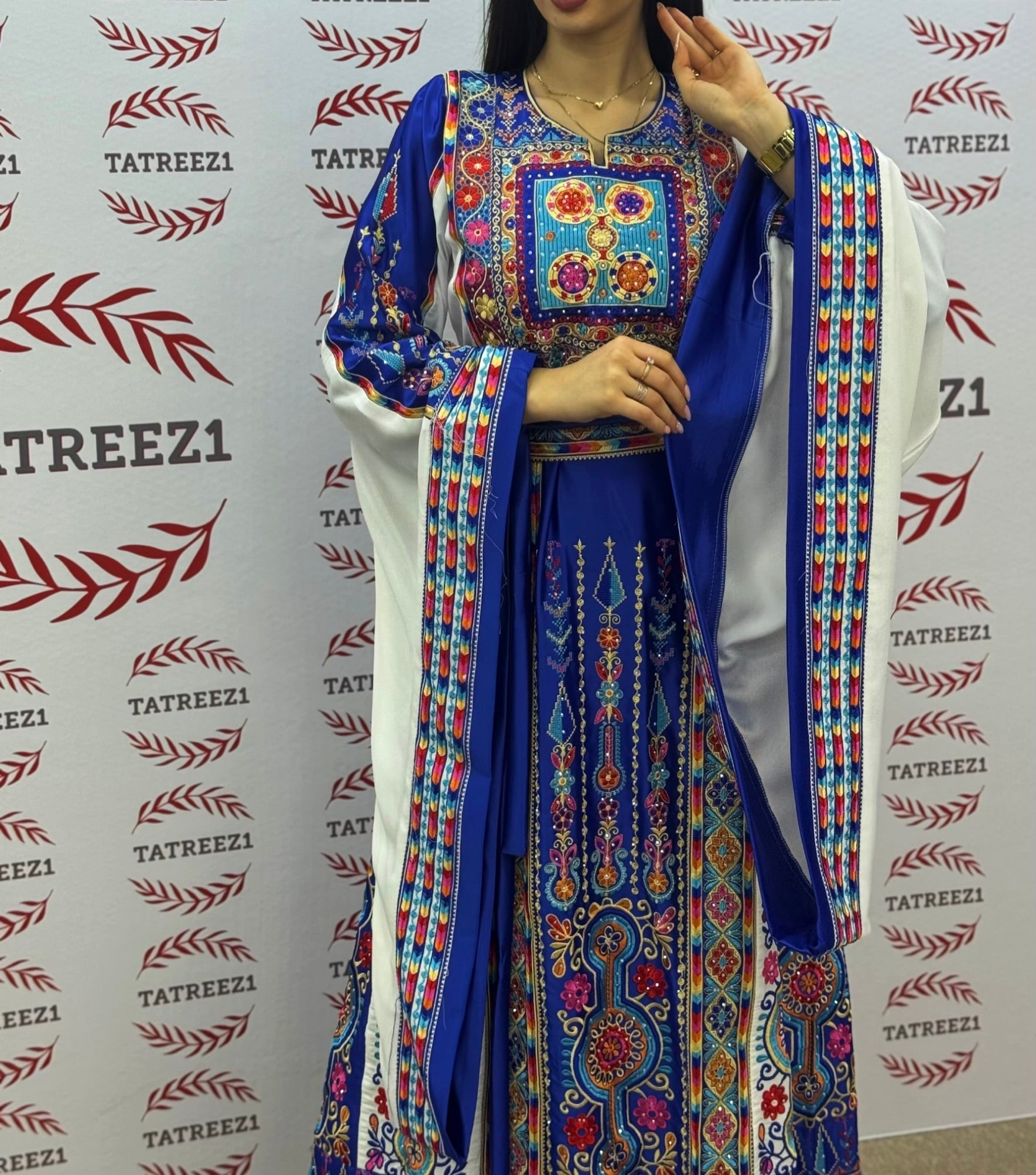 Blue Embroidered Palestinian Thobe with Wide Sleeves and Belt