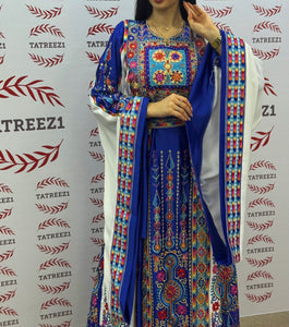 Blue Embroidered Palestinian Thobe with Wide Sleeves and Belt