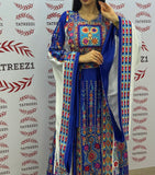 Blue Embroidered Palestinian Thobe with Wide Sleeves and Belt