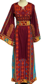 Load image into Gallery viewer, Maroon With Orange Embroidered Palestinian Fellahi Thobe
