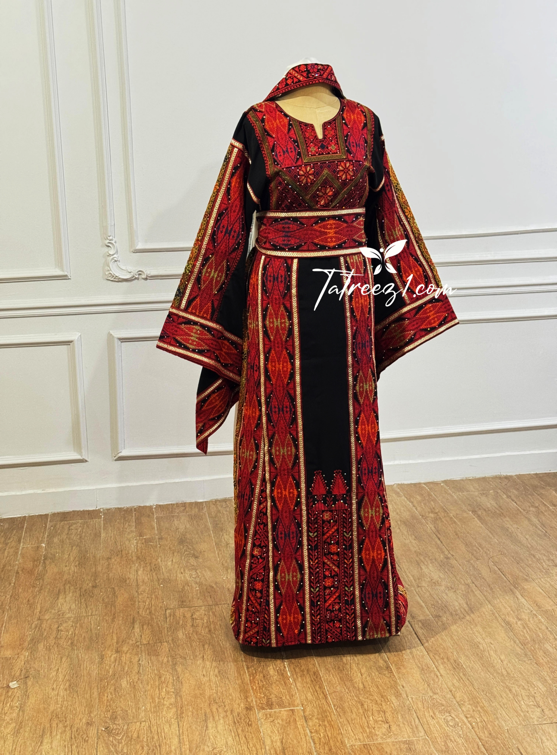 Red & Black Embroidery Traditional Palestinian Thobe Machine Made with Matching Head Scarf