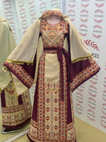 Load image into Gallery viewer, Beige Color thoub Maroon Embroidered Palestinian Fellahi Thobe With Belt
