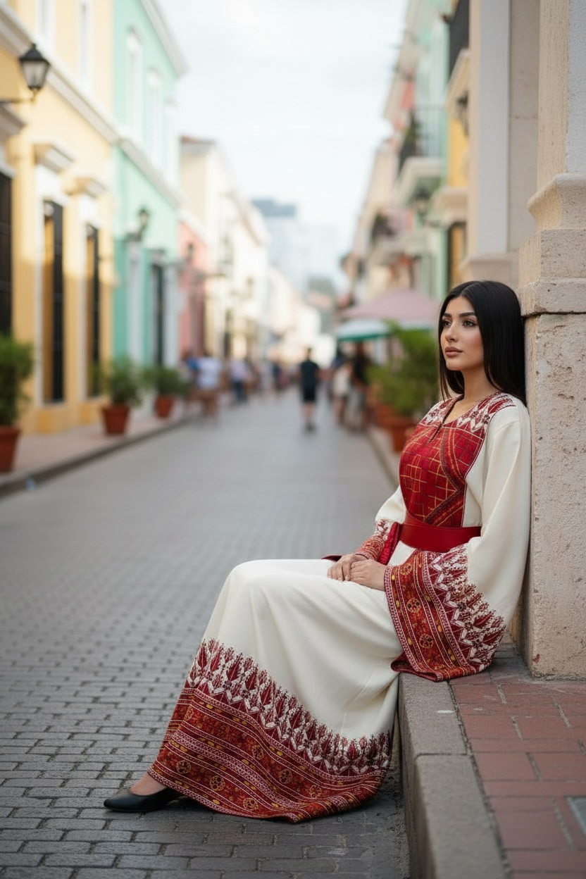 Stunning White Thoub Red Embroidered Palestinian Thobe