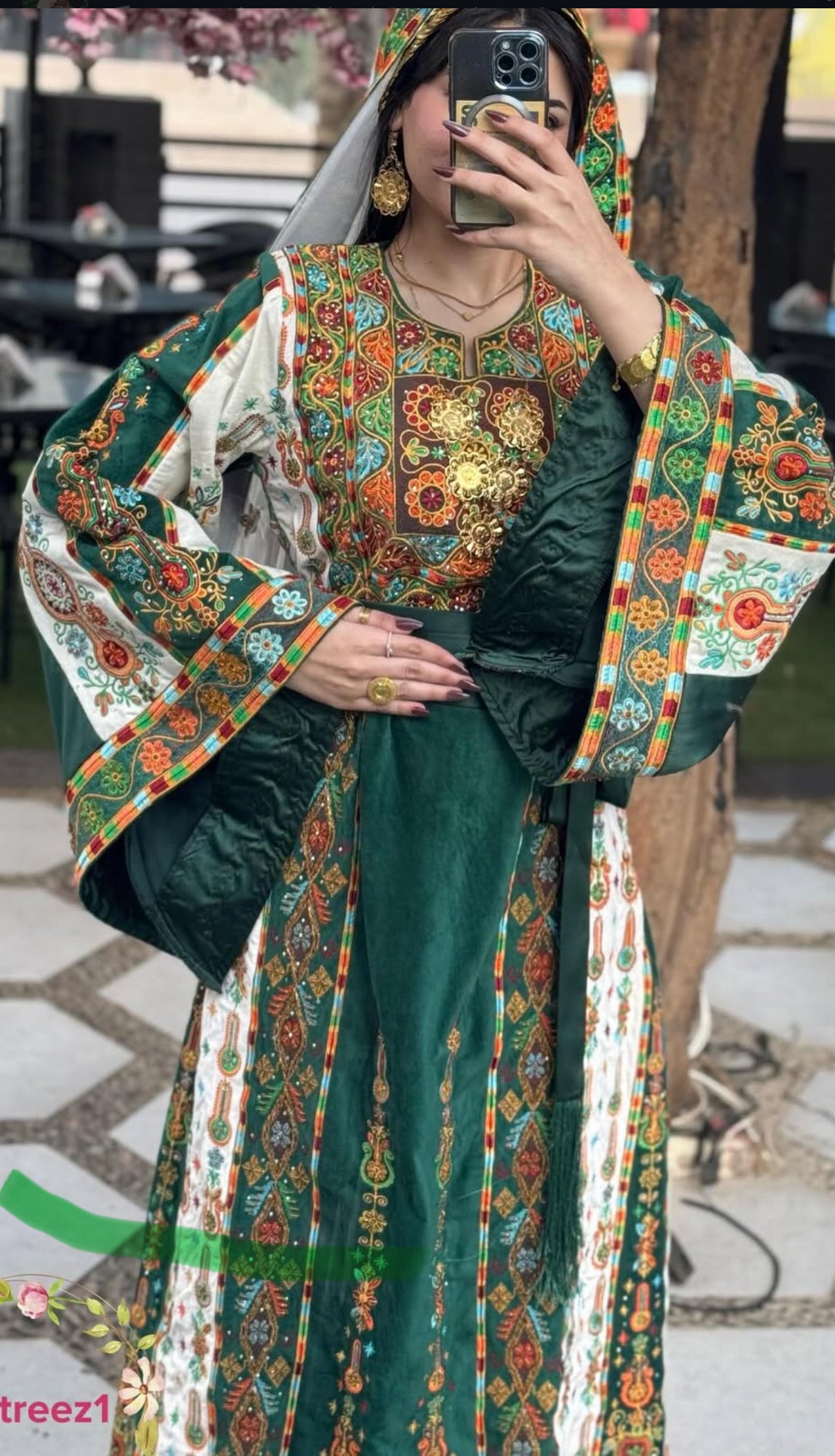 Malacca Velvet Material Green Stone Embroidery Thoub With Matching Headpiece