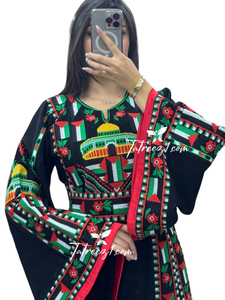 Palestine Flage Embroidery Black Traditional Thoub  Stone Thobe with Matching Belt