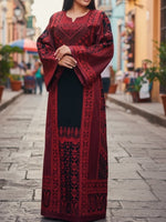 Load image into Gallery viewer, Red &amp; Black Color thoub Embroidered Palestinian Fellahi Thobe With Belt
