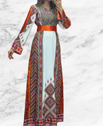 Load image into Gallery viewer, White Thoub Multicolor with Kashmir Design Stone Embroidery Thobe with Reversible Belt
