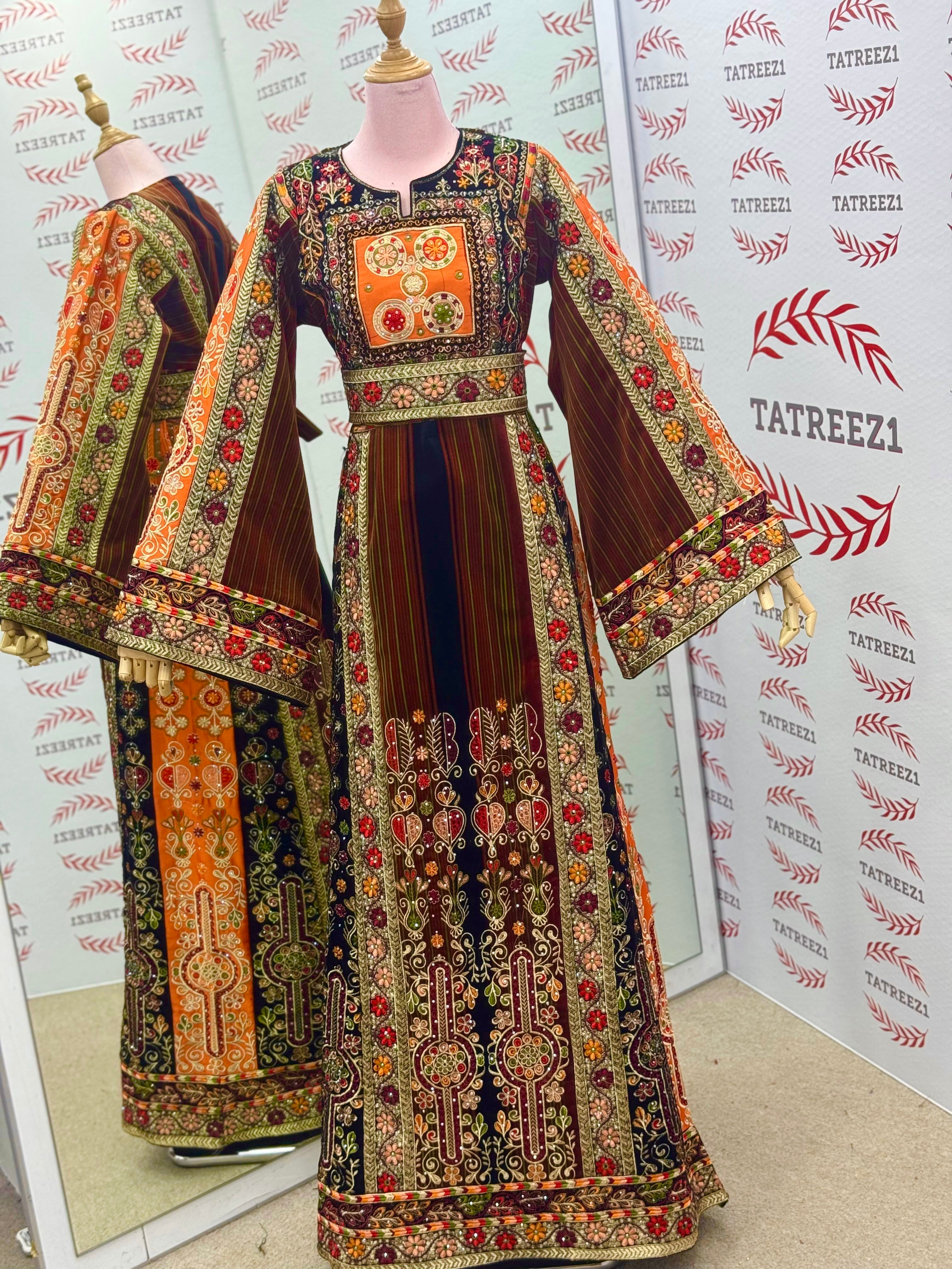 New Collection Orange Jennah wnar Malacca Thoub Silk Velvet  Embroidery Thoub come with Belt