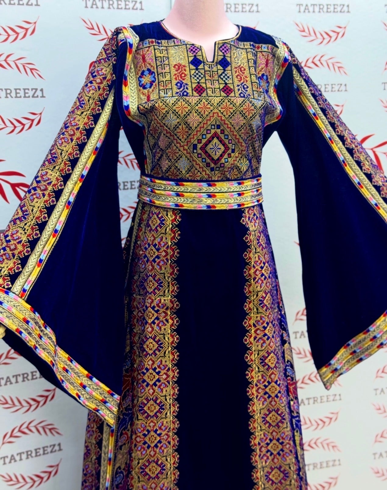 Silk Velvet Blue Thobe with Golden Stone Embroidery