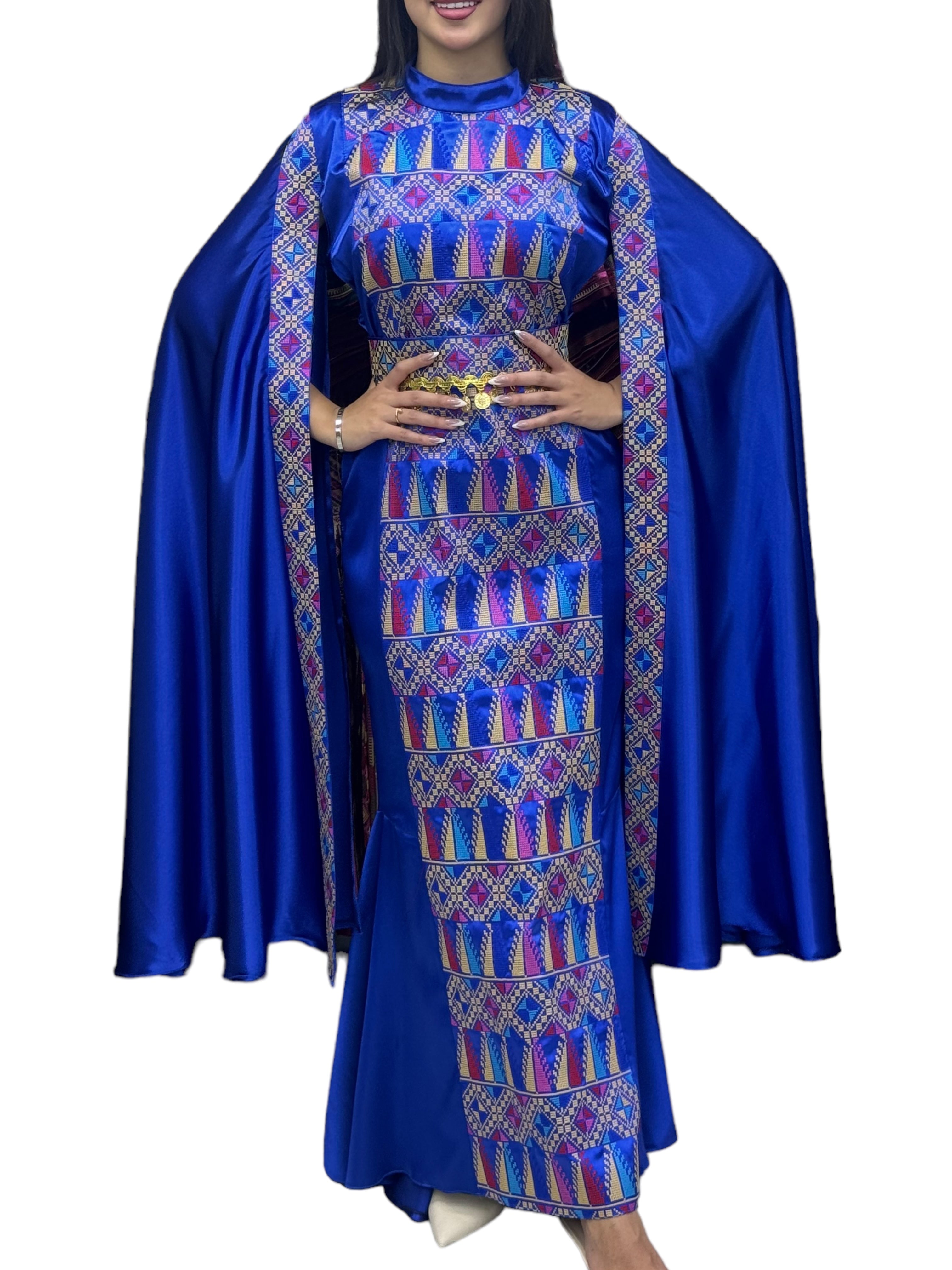 Blue Dress Sleeve Drop Tatreez Elegant Beautiful Embroidery