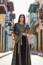 Load image into Gallery viewer, Velvet Simply Elegant Wide Sleeve Thoub Blue Embroidered Palestinian Thobe
