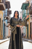 Velvet Simply Elegant Wide Sleeve Thoub Blue Embroidered Palestinian Thobe
