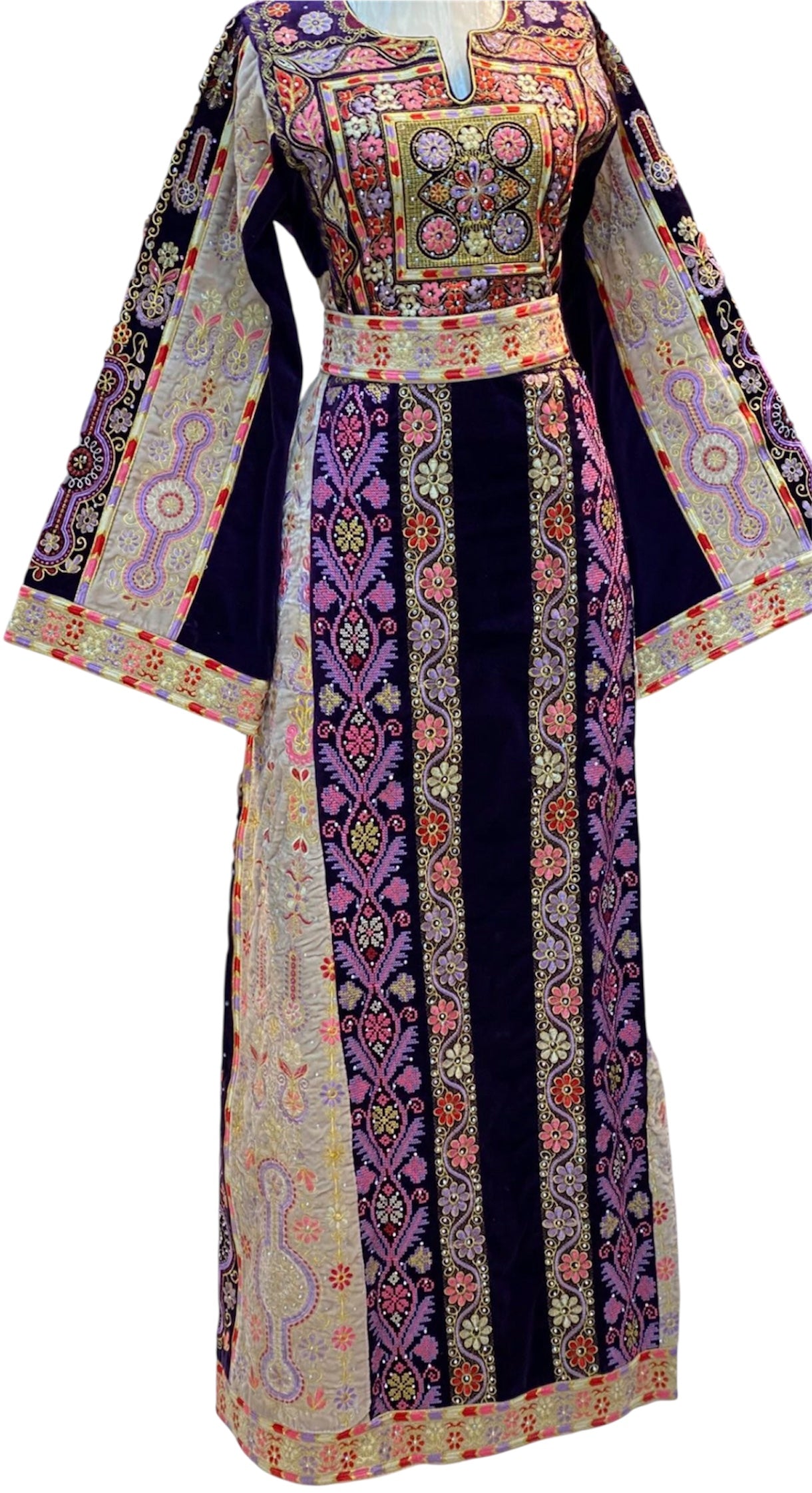 German velvet  Multicolored Gorgeous Palstainen Embroidery Traditional Long Thoub