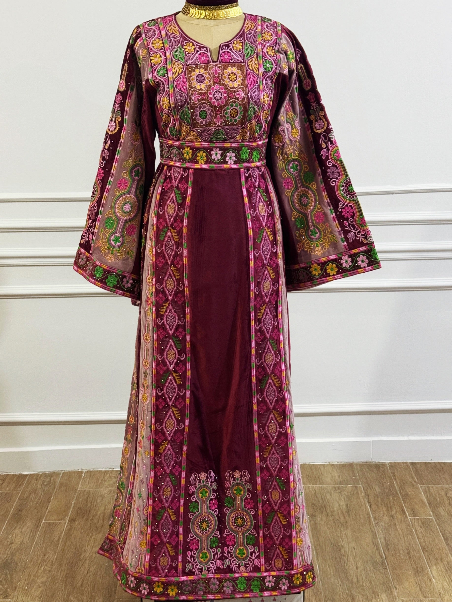 Magenta Malacca silk Velvet Material Stone Embroidery Thoub With Matching Headpiece and reversible belt