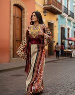 Load image into Gallery viewer, Beige Majdalway Embroidered Palestinian Fellahi Thobe With Matching Headpiece
