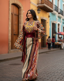 Beige Majdalway Embroidered Palestinian Fellahi Thobe With Matching Headpiece & overskirt