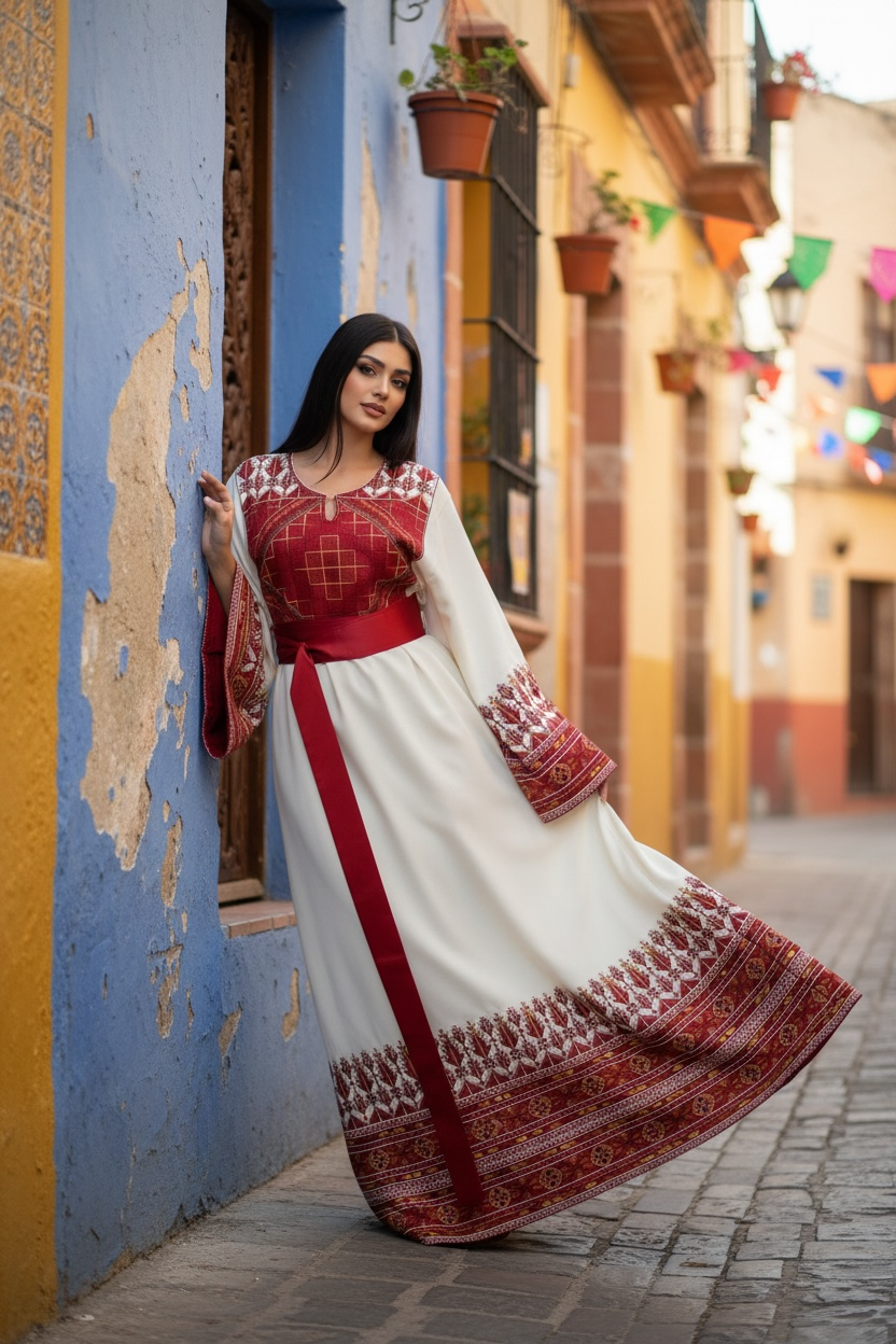 Stunning White Thoub Red Embroidered Palestinian Thobe