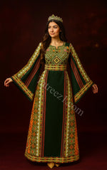 Load image into Gallery viewer, Dark Green Majdalway Embroidered Palestinian Fellahi Thobe
