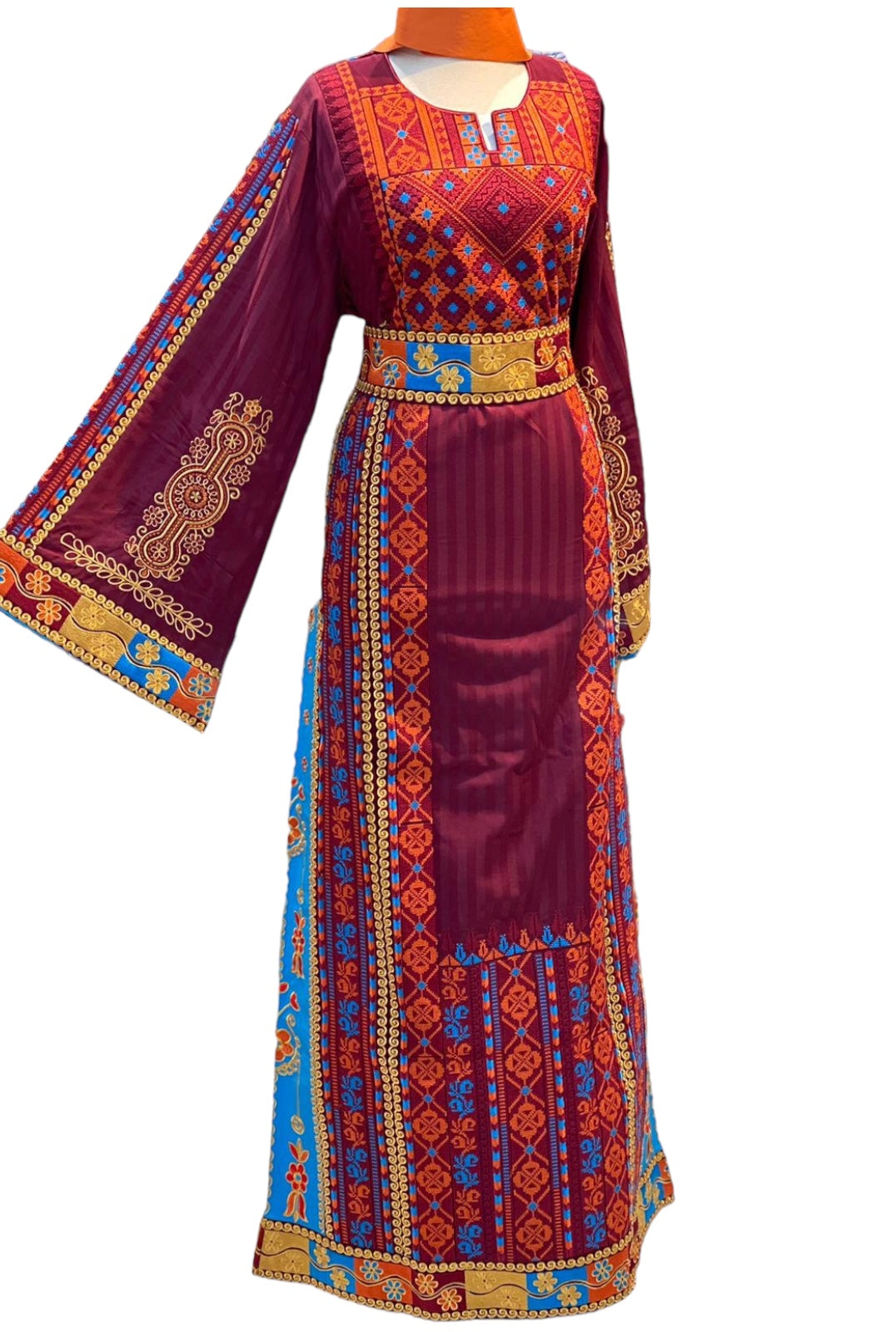 Maroon With Orange Embroidered Palestinian Fellahi Thobe