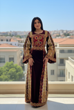 Qasab Maroon Malacca Silk Velvet Thoub with Embroidery and Overskirt