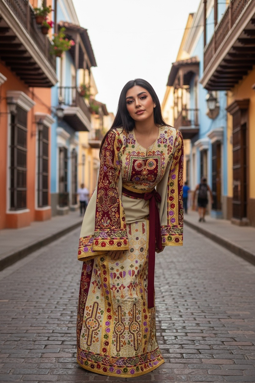 Baharej Thoub Luxury Embellishments Beige Shade Embroidered Palestinian Thobe