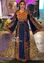 Load image into Gallery viewer, Blue Silk Light Velvet Traditional Embroidered Thoub With Matching Headpiece
